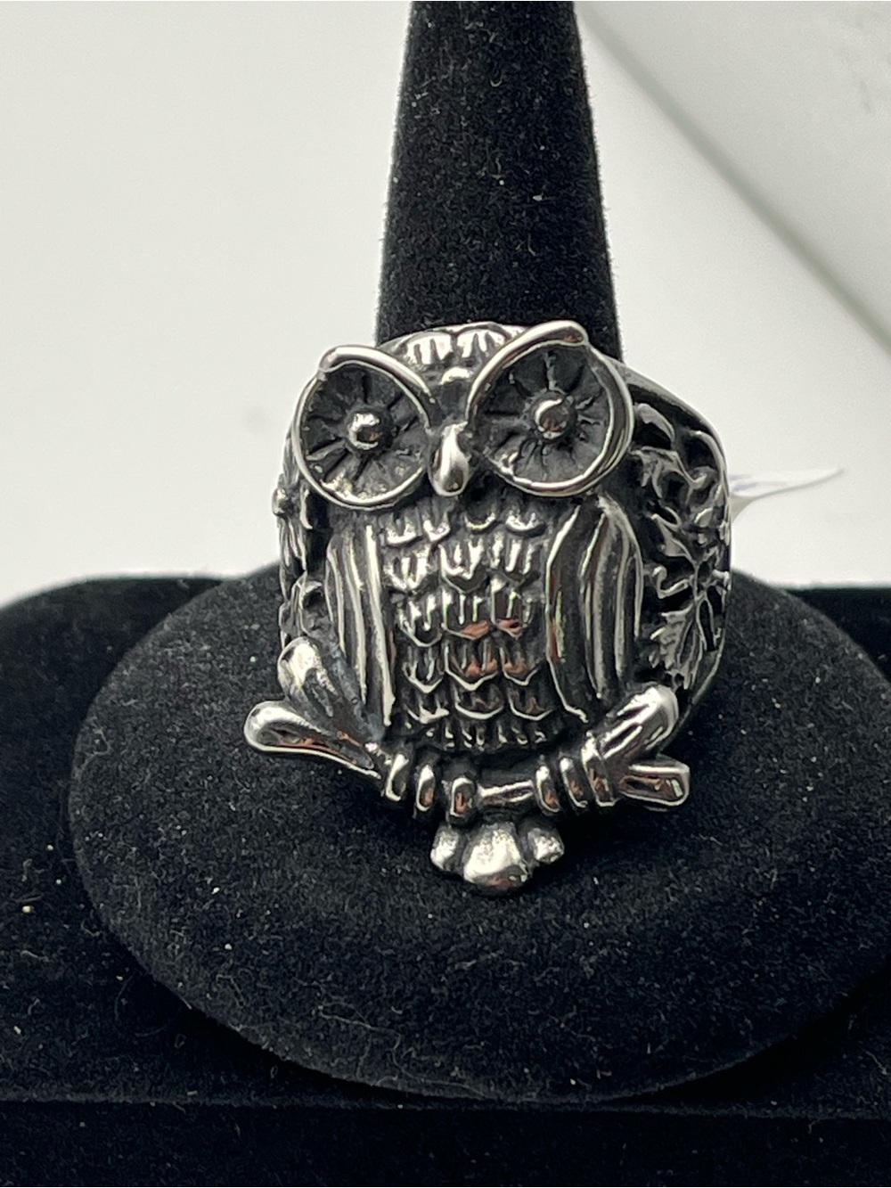 Owl Motif Stainless Steel Style Ring in Blackened Silver
